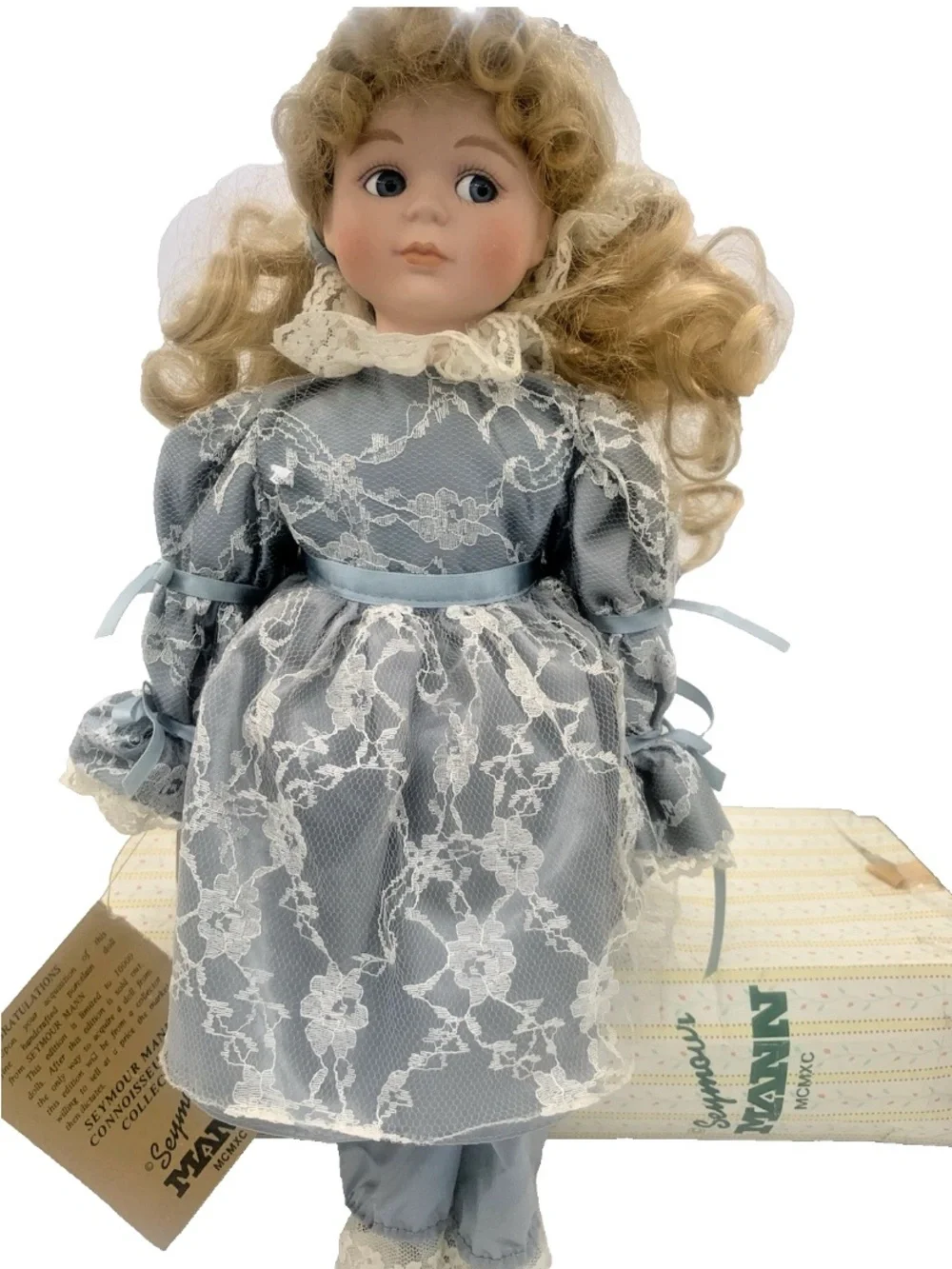 Seymour Mann Amanda Victorian Blue Lace Blond Hair Blue Eyes Porcelain Doll 16